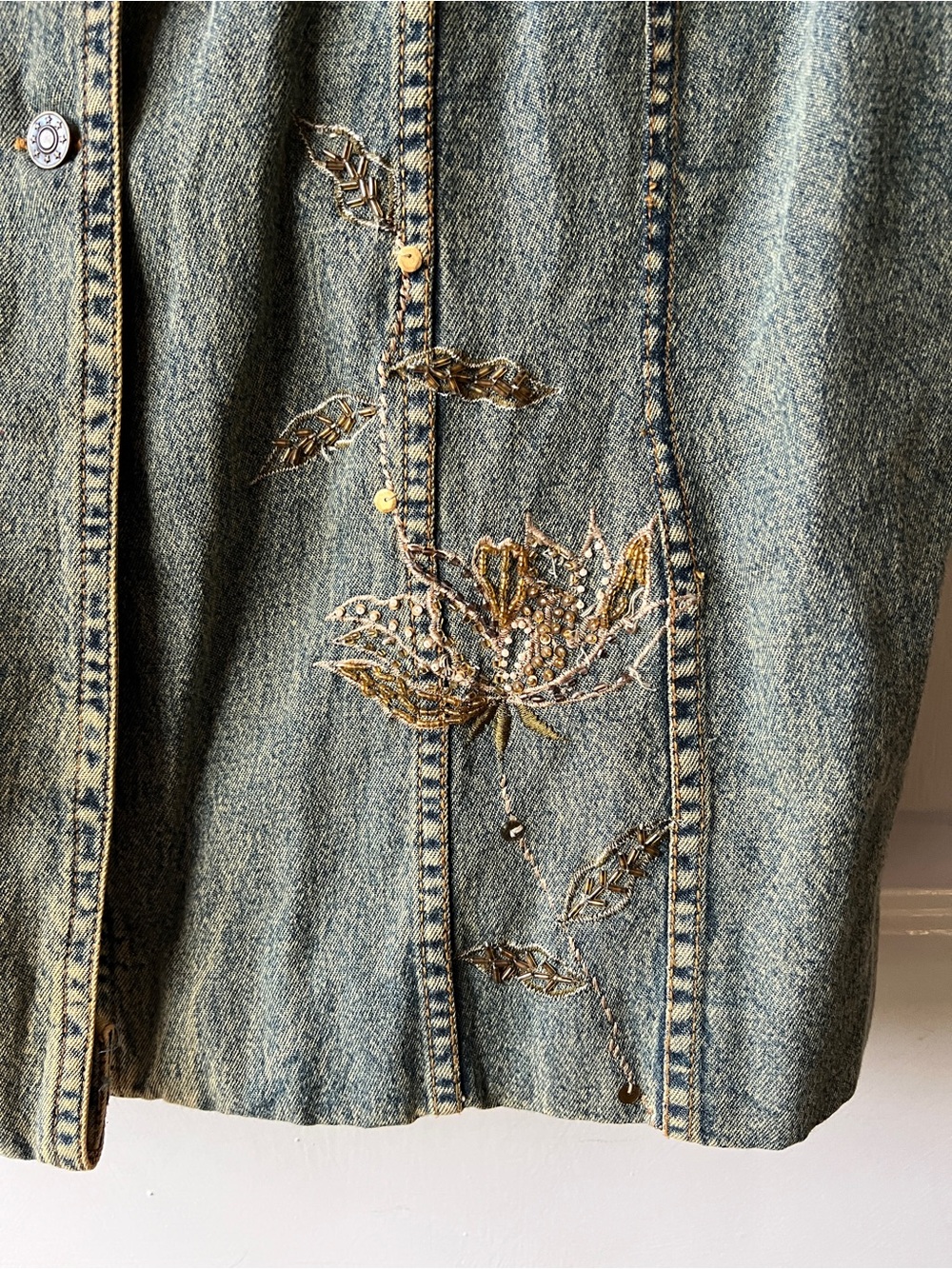 CRAZY LINE Embroidered Long Denim Coat - Green - Picture 9 of 14